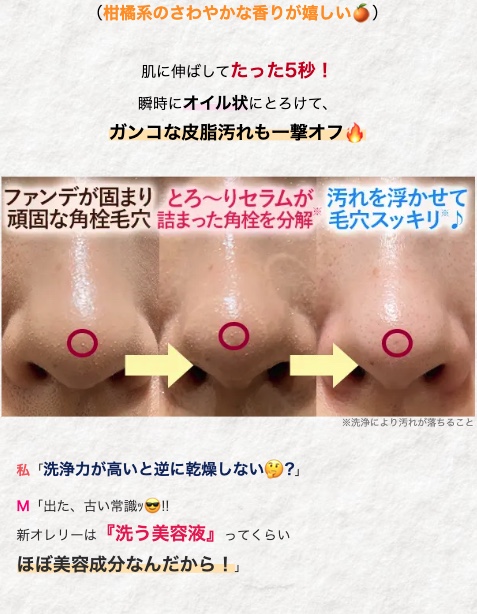 (柑橘系のさわやかな香りが嬉しい
肌に伸ばしてたった5秒!
瞬時にオイル状にとろけて、
ガンコな皮脂汚れも一撃オフ
ファンデが固まりとろ~りセラムが 汚れを浮かせて
頑固な角栓毛穴詰まった角栓を分解 毛穴スッキリ♪
私「洗浄力が高いと逆に乾燥しない?」
M 「出た、 古い常識!!
新オレリーは 『洗う美容液』 ってくらい
ほぼ美容成分なんだから!」
※洗浄により汚れが落ちること