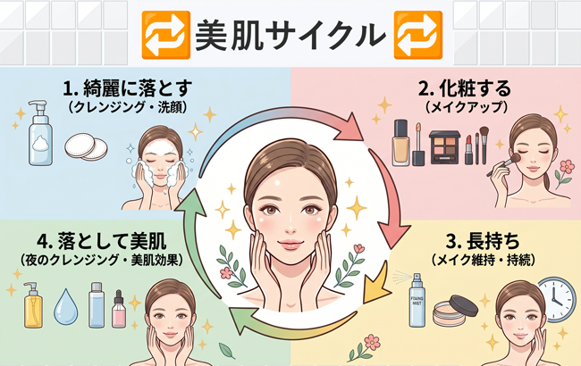1. 綺麗に落とす
(クレンジング・洗顔)
美肌サイクル
2. 化粧する
(メイクアップ)
4. 落として美肌
(夜のクレンジング 美肌効果)
3.長持ち
(メイク維持・ 持続)